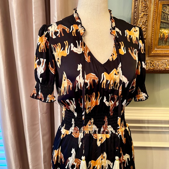 NWOT THML Black Tan Gold Horse Print Satin Midi Maxi Dress Size XS - Picture 3 of 6